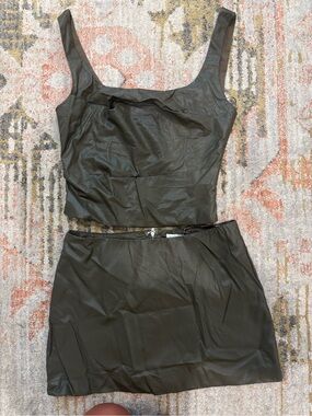 Faux Leather Mini Dress Set in Dark Olive — Sleeveless Crop Top & Mini Skirt